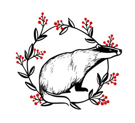 Vector card with hand drawn sweet sitting badger in floral red berries wreath. Ink drawing, graphic style. Perfect design elements, animal illustration