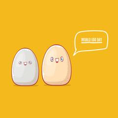 world egg day concept funny illustration with cute white egg cartoon kawaii character isolated on orange background.