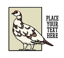 Vector card with hand drawn graceful motley rock ptarmigan in austere frame. Ink drawing, decorative graphic style. Beautiful animal design elements, northern destinations travel poster