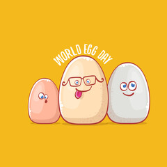 world egg day concept funny illustration with cute white egg cartoon kawaii character isolated on orange background.