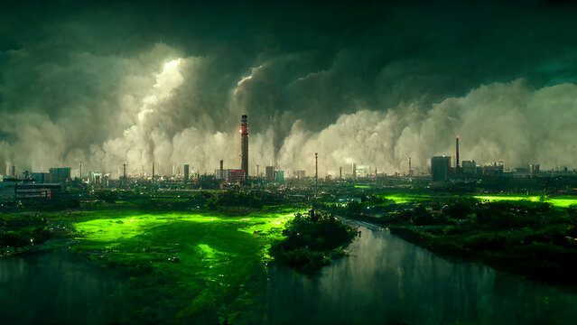Pollution of the Environment by Toxic Emissions of the Industrial City Art Illustration. Ecological Apocalypse Skyline City View Sci-Fi Background. CG Digital Painting AI Neural Network Generated Art