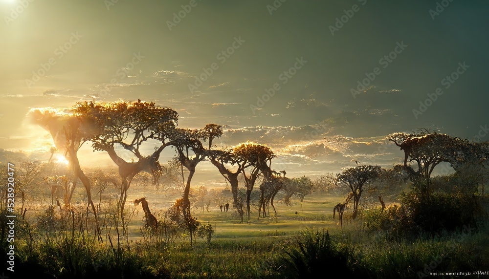 Sticker Sunset in blue sky over Savannah with trees and green grass