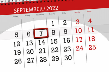 Calendar planner for the month september 2022, deadline day, 7, wednesday