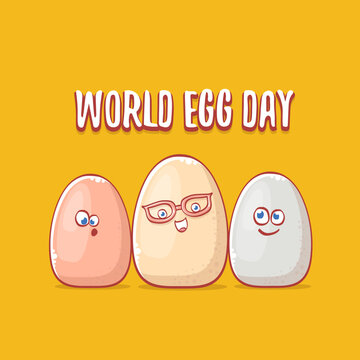 world egg day concept funny illustration with cute white egg cartoon kawaii character isolated on orange background.