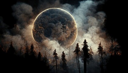 Night landscape with full moons in a forest with black trees.