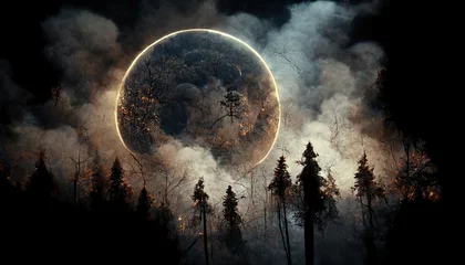 Keuken foto achterwand Volle maan Night landscape with full moons in a forest with black trees.