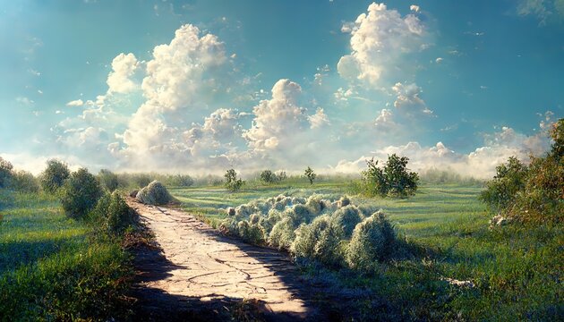 Landscape of a summer day with a sandy road in a field with grass and bushes under a blue sky with white clouds.