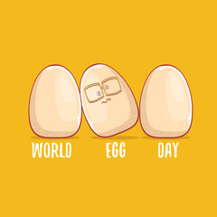 world egg day concept funny illustration with cute white egg cartoon kawaii character isolated on orange background.