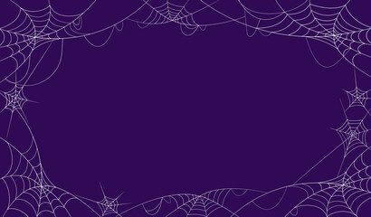 Happy Halloween banner vector illustration, Halloween cobweb board decoration, spooky scary spider web on dark purple orange background with copy space, Autumn holiday decorating celebration.