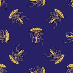 Seamless pattern with mystical mushrooms. Forest, autumn, mushrooms, silhouette, harvest. Vector.