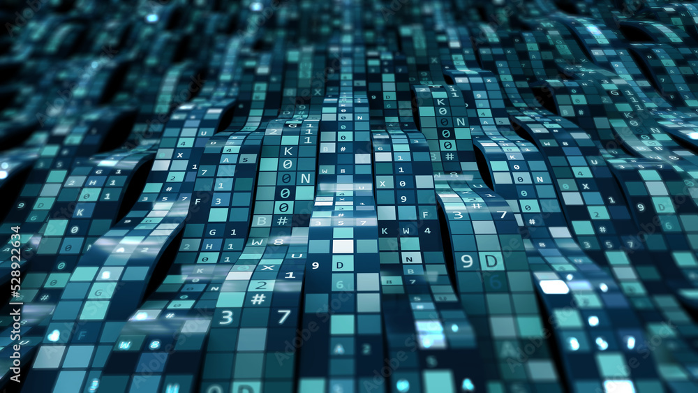 Poster Block chains of encoded information. Monochrome concept of digital solutions. 3D illustration of terobytes of big data stream