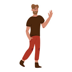 The male character walks by smiling and waving hello. Colored flat vector illustration isolated on white background