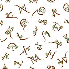Alphabet seamless pattern. Shabby chic floral monograms A - Z on white background. Watercolour illustration. For textile, wrapping paper, scrap-booking, stationery and packaging design