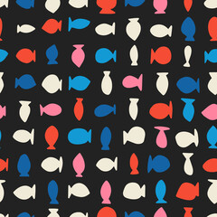 Seamless colorful fish pattern. Abstract background with hand drawn doodle shapes. 