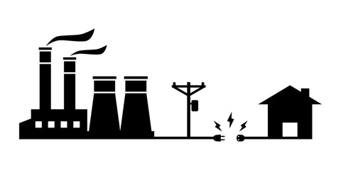 Obraz premium Power plant generates electricity transmit electricity to electric pole and city building home with electric socket outlet plug and spark bolt on white background flat vector icon design.