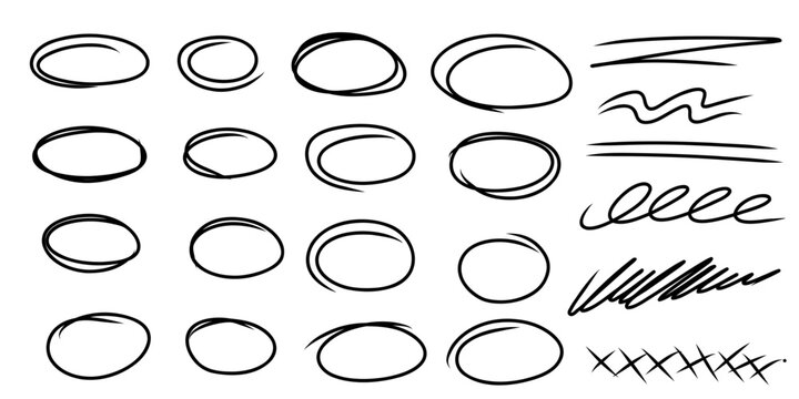 Highlight oval marker frames line. Hand drawn scribble circle underline sketch set. Doodle ovals and ellipses line template. Vector illustration isolated on white background.
