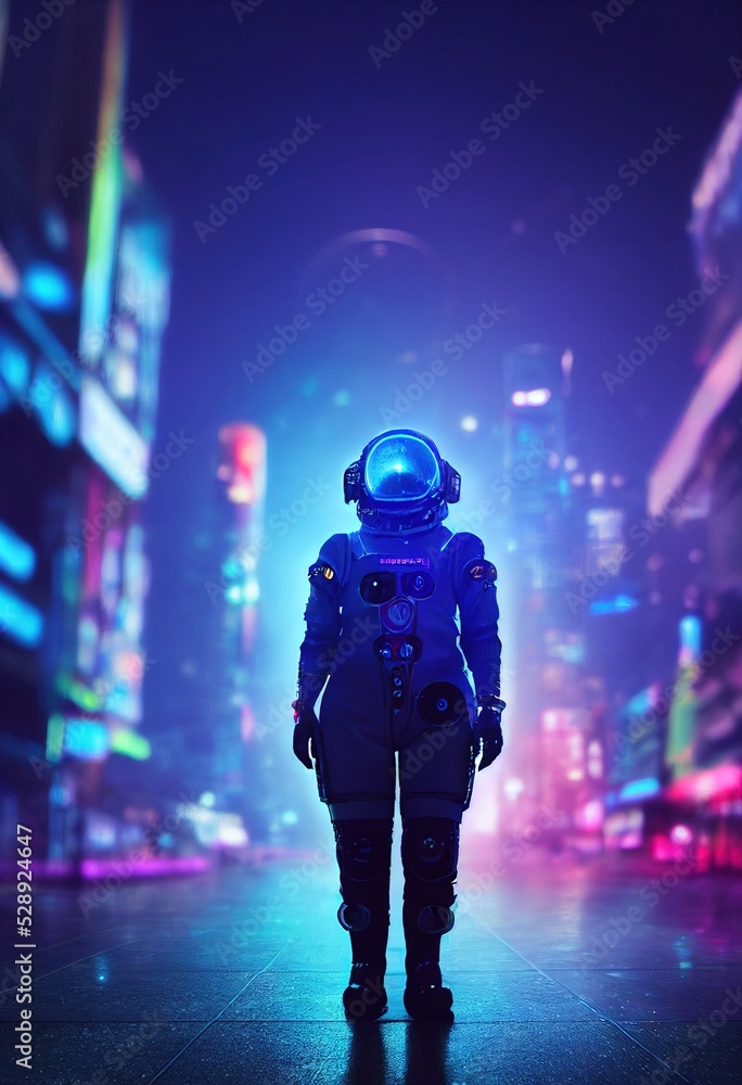 Wall mural portrait of an astronaut in neon light in a spacesuit. high-tech astronaut from the future. the conc