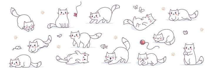 Vector set of illustration with happy cute different cat character on white color background. Flat line art style design of group of animal cat in different pose