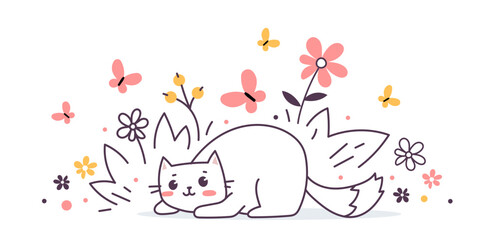 Vector illustration of happy cute laying cat character and flower on white color background. Flat line art style design of romantic animal cat