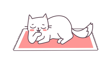 Vector illustration of lying happy cat character on red carpet on white color background. Flat line art style design of cleaning and relaxing cute animal cat