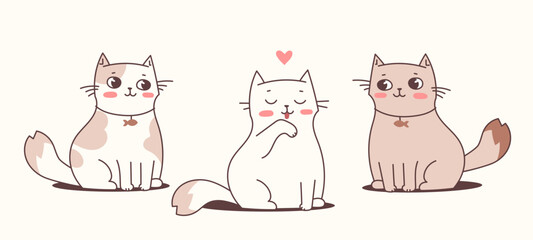Vector illustration of happy cat character on light color background. Flat line art style romantic design of sitting and cleaning cute animal cat