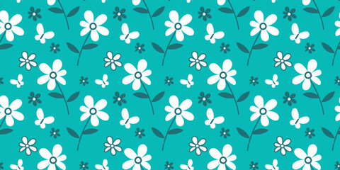 Vector simple seamless pattern with cute white flower on green color background. Flat line art style design of romantic illustration