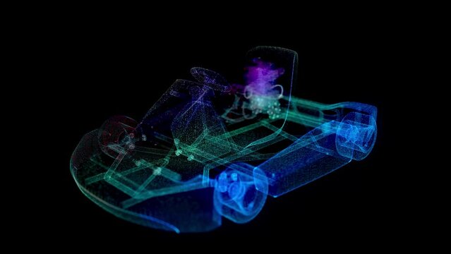 Karting car, auto from glow particle. Polygonal wireframe 3d mesh Glow.