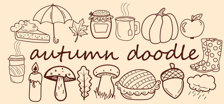 autumn cute and cozy doodle image in vector. Cup of tea, cup of coffee, pumpkin, umbrella, pie, mushrooms, acorn, candle