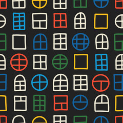 Seamless colorful windows pattern. Abstract background with hand drawn doodle shapes.