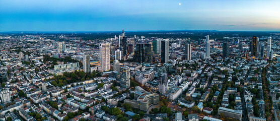 Aerial panorama view of the city Frankfurt in Germany on a late summer afternoon.