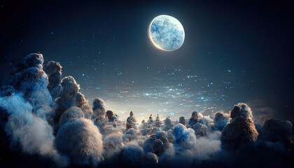 Night sky with full moon and stars above the clouds. - obrazy, fototapety, plakaty