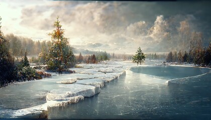 Winter landscape with a frozen pond, coniferous trees and mountains under a gloomy sky.