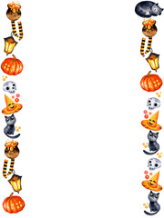 watercolour illustration of halloween theme with black cat, pumpkin, potion, skull and others, border, space for text