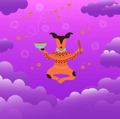 Cute dog yogi practicing yoga and meditation holding singing bowl flying in air on sky background with clouds.