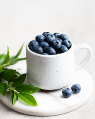 Blueberries with leaves in a white ceramic cup, selective focus