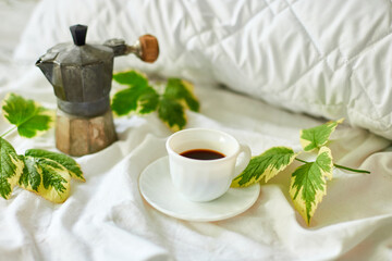 Coffee cup on white bed sheets with geyser coffee maker and  green leaves, good morning,  Hotel room early morning, breakfast in the bed