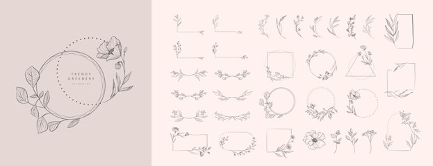 Set of floral design logo elements. Wreath borders dividers, frame corners and minimalist flowers branch. Hand drawn line wedding herb, elegant leaves for invitation save the date card. Botanical