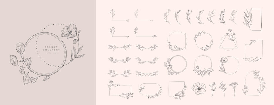 Set of floral design logo elements. Wreath borders dividers, frame corners and minimalist flowers branch. Hand drawn line wedding herb, elegant leaves for invitation save the date card. Botanical
