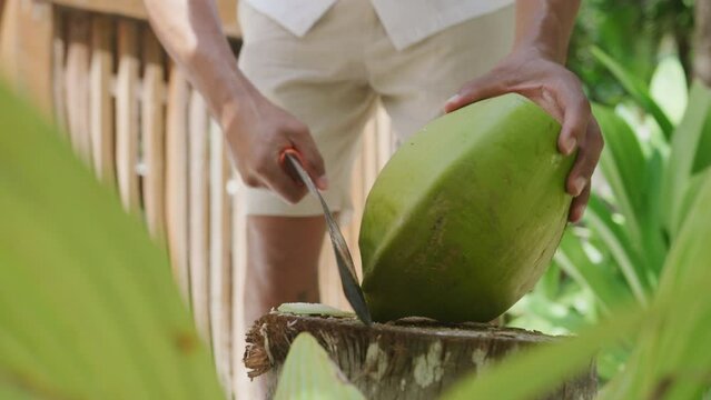 Close up of tourist chopping end off of green coconut at Mexican tropical resort in slow motion