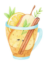 Fruit beverage with pear and lemon, watercolor illustration