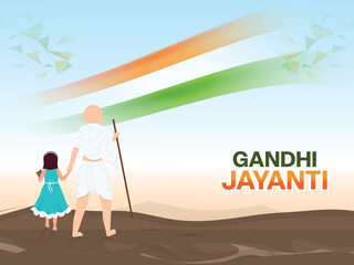 Back View Of Mahatma Gandhi (Bapu) With Little Girl, Tricolor Ribbon On Blue And Brown Background For Gandhi Jayanti Concept.