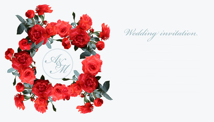 Red roses wreath composition. Floral wedding invitation card template.
