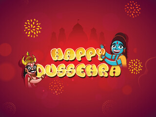 Happy Dussehra Font With Cheerful Lord Rama, Demon Ravana Character On Gradient Red And Pink Silhouette Ayodhya View Background.