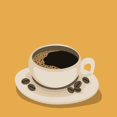 Cup of coffee on saucer with coffee beans on orange background. Vector illustration