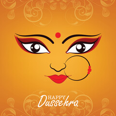 Happy Dussehra Celebration Concept With Hindu Mythology Goddess Durga Face On Orange Swirl Paisley Background.