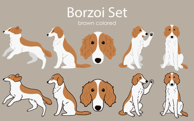 Cute and simple brown Borzoi illustrations set