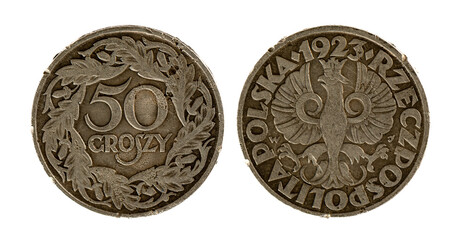 A 1923 Polish copper-nickel 50 groszy coin was issued from 1923 to 1949. - obrazy, fototapety, plakaty