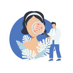 Acne skin. The doctor holds a magnifying glass and examines the acne skin of a young woman