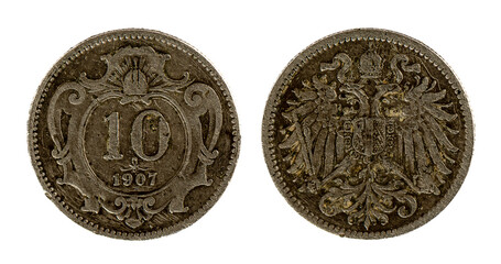 Nickel coin 10 kreuzers of the Austro-Hungarian Empire in 1907 with the coat of arms of Austria-Hungary on the reverse, issued from 1895 to 1911.