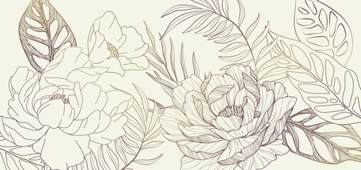 Botanical line bakground with flowers and leaves. Floral foliage for wedding invitation, wall art or card template. Vector illustration. Luxury rustic trendy art © merfin